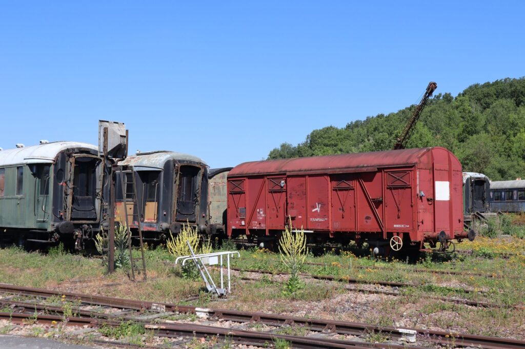 A collection of abandoned vintage train cars on rusty tracks in a green landscape.