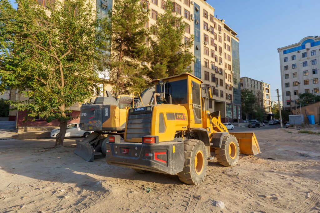 Construction equipment at a redevelopment site in Samarkand, Uzbekistan.